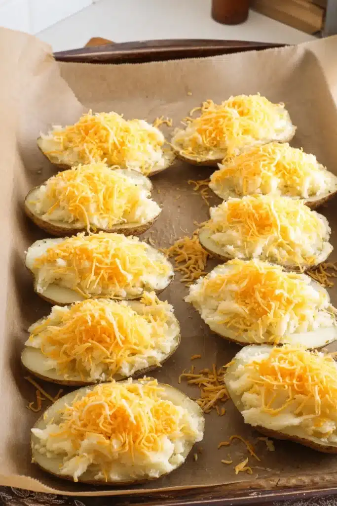 Twice Baked Potatoes Recipe for a Creamy, Cheesy Memorial Day Side 2 Twice Baked Potatoes before baking with cheese topping
