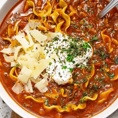Vegetarian one pot lasagna soup with ricotta, parmesan, and herbs in a white bowl