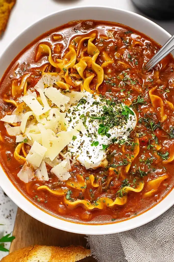 Vegetarian one pot lasagna soup with ricotta, parmesan, and herbs in a white bowl