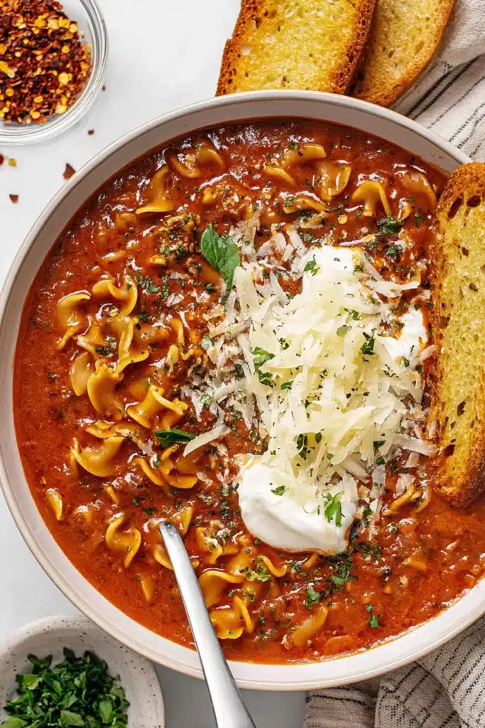Vegetarian One Pot Lasagna Soup with ricotta, parmesan, and herbs