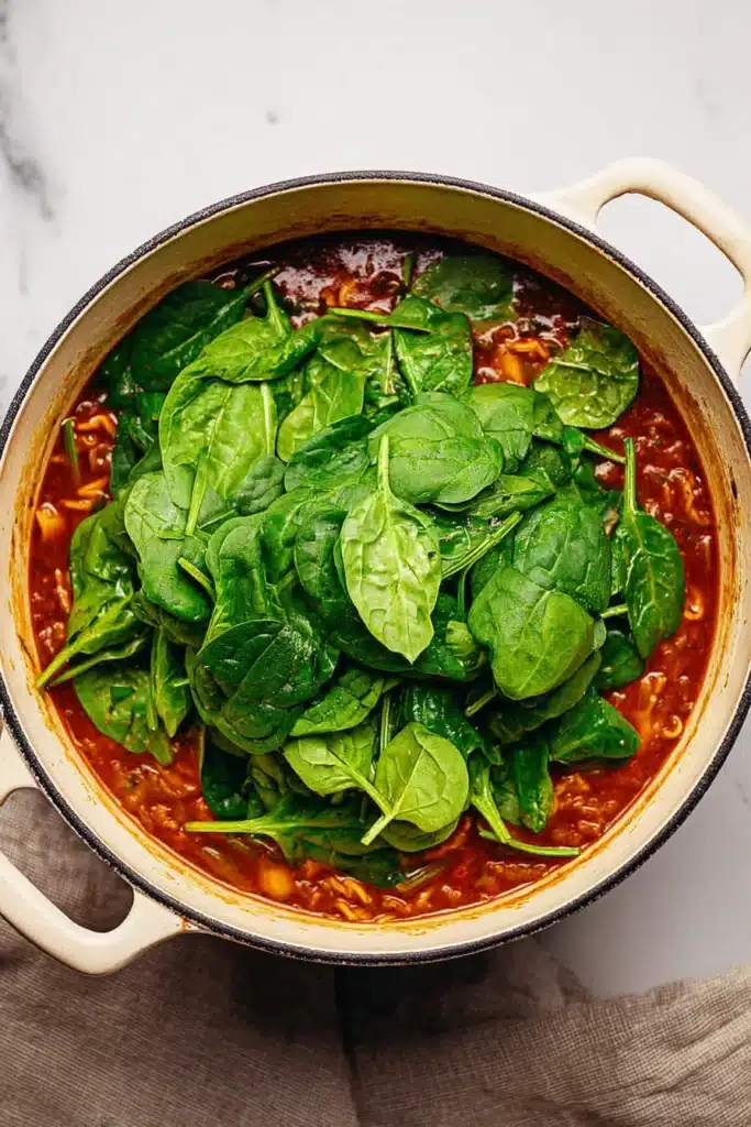 Vegetarian One Pot Lasagna Soup with fresh spinach added on top