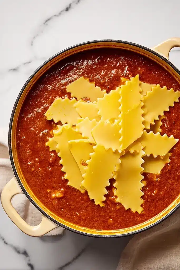 Vegetarian One Pot Lasagna Soup with noodles added to tomato broth