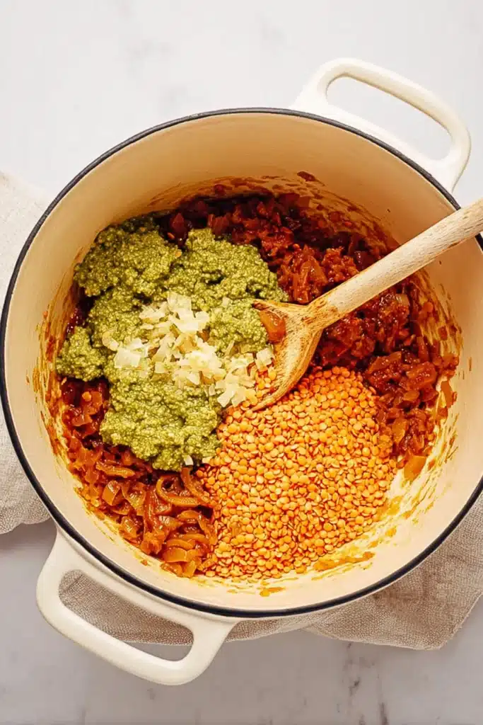 Vegetarian One Pot Lasagna Soup ingredients with lentils and pesto in pot