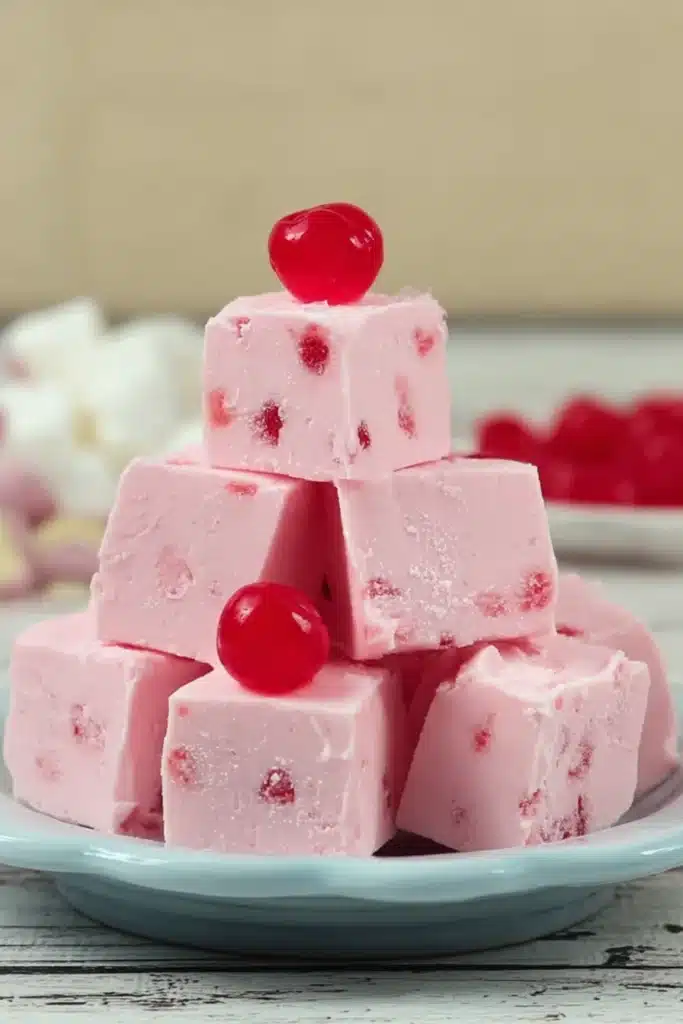 Pink white chocolate cherry fudge cubes stacked with glossy cherry on top
