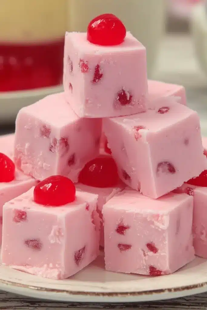 White Chocolate Cherry Fudge cubes stacked with cherry pieces inside