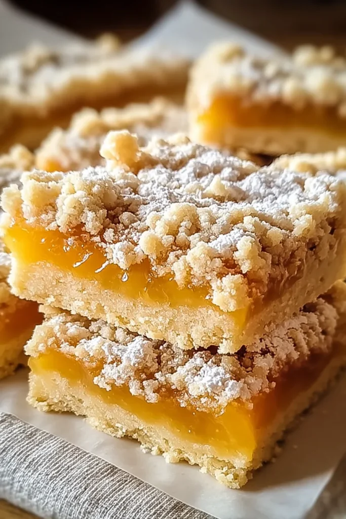 Apricot Shortbread Bars with crumbly topping and powdered sugar