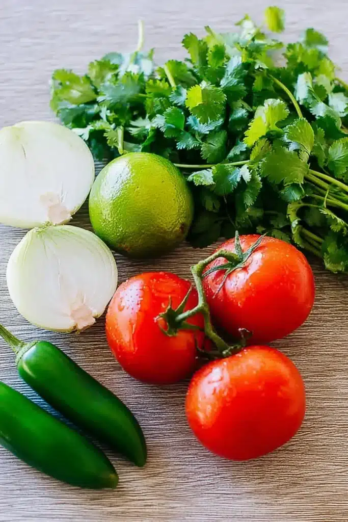 Authentic pico de gallo ingredients diced tomatoes onion cilantro jalapeño in bowl