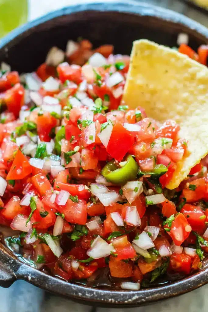 Authentic pico de gallo with tortilla chip dipping into fresh salsa