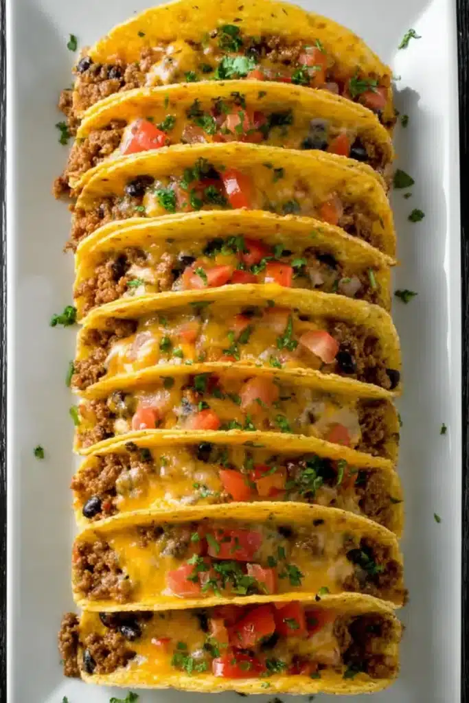 Baked tacos with melted cheese beef and beans on plate