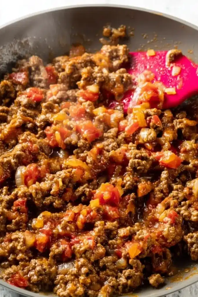 Baked tacos seasoned ground beef filling cooking in skillet