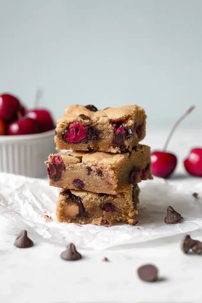 Cherry Chocolate Chip Blondies Recipe Easy and Irresistible Treat 3 stacked cherry chocolate chip blondies with juicy cherries and melted chocolate chips