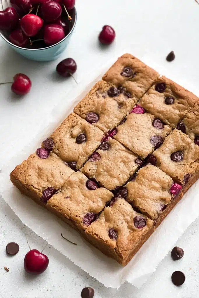 Cherry Chocolate Chip Blondies Recipe Easy and Irresistible Treat 2 cherry chocolate chip blondies cut into squares in baking pan with fresh cherries