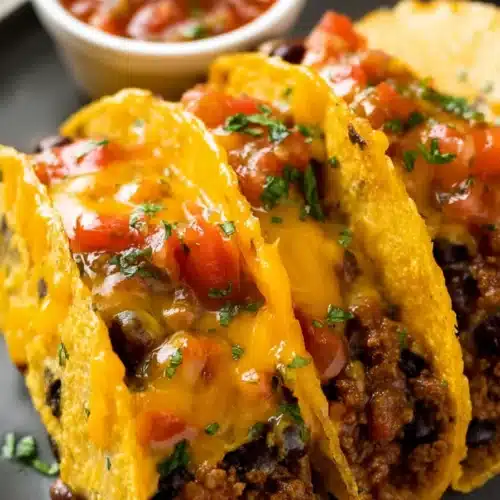 Crispy baked tacos with melted cheese beef beans and salsa