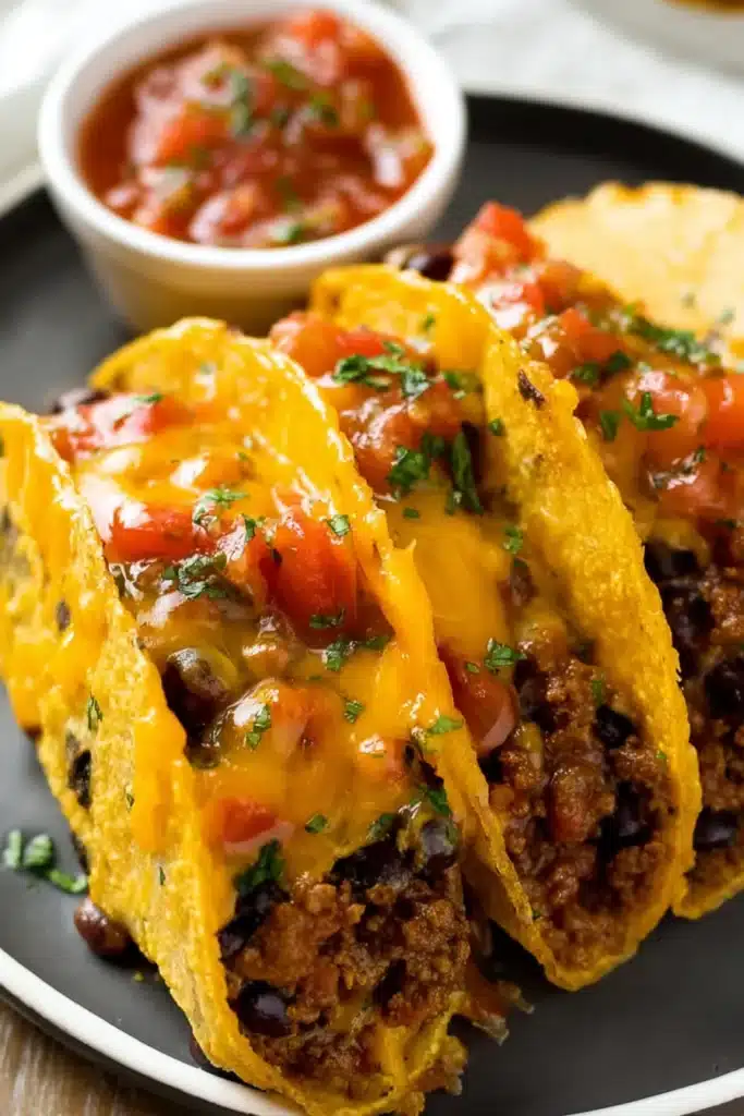Crispy baked tacos with melted cheese beef beans and salsa