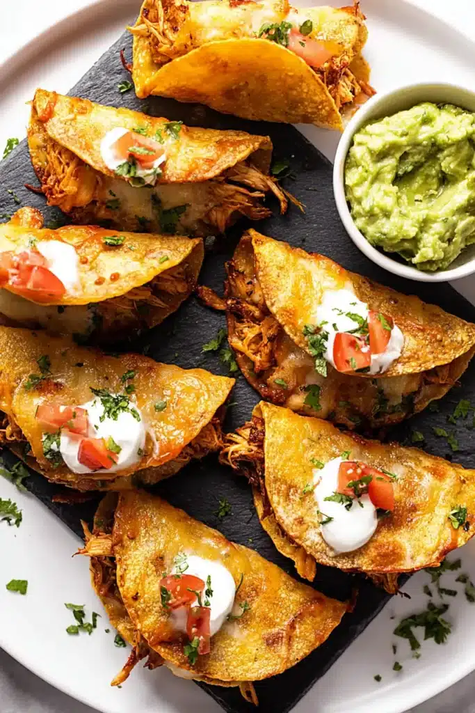 Mini Baked Chicken Tacos crispy and cheesy on baking tray