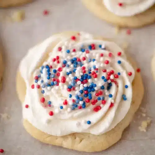 Crumbl Patriotic birthday cake Cookies with frosting and red white blue sprinkles