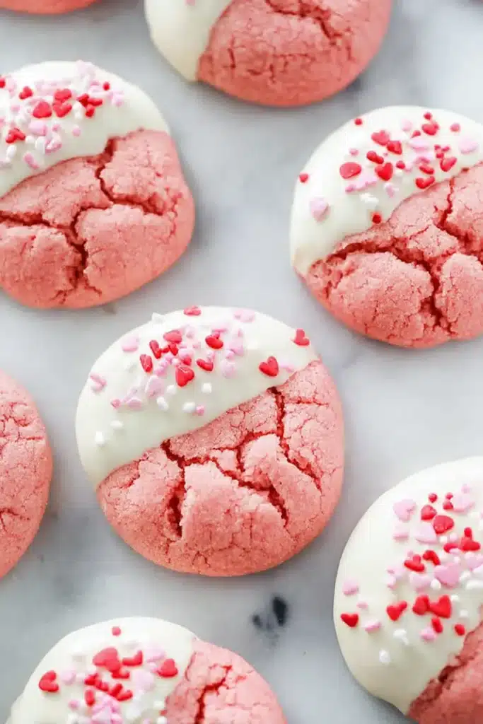 Strawberry Cake Mix Cookies dipped in white chocolate with heart sprinkles