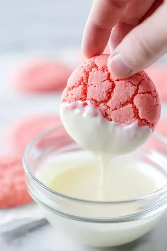 Strawberry Cake Mix Cookies being dipped in white chocolate by hand
