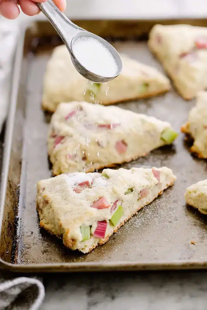 Easy rhubarb scones dough with sugar topping before baking