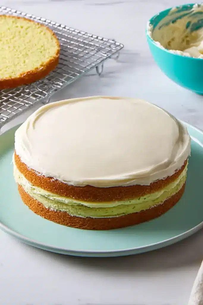 Lime cake layers with creamy frosting during assembly