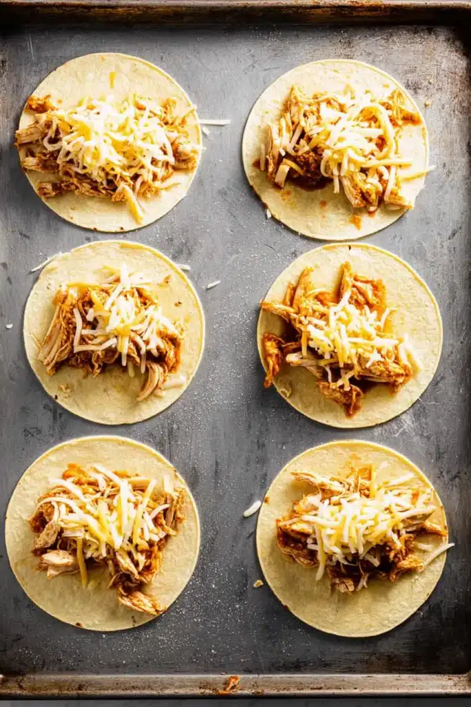 Mini Baked Chicken Tacos assembly with chicken and cheese