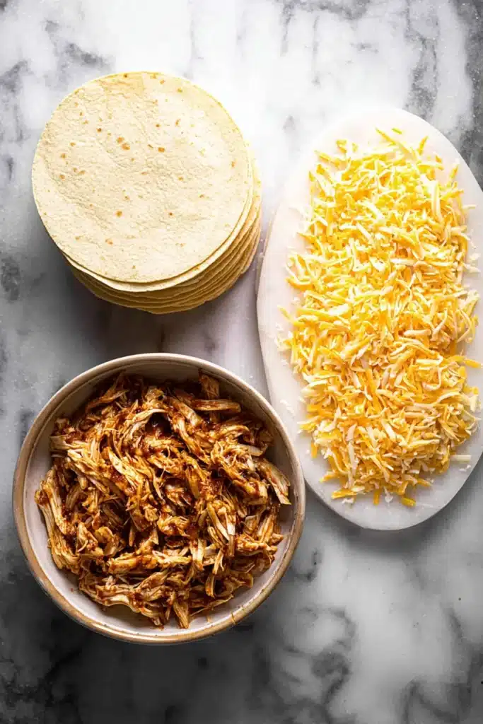 Mini Baked Chicken Tacos ingredients with chicken cheese and tortillas