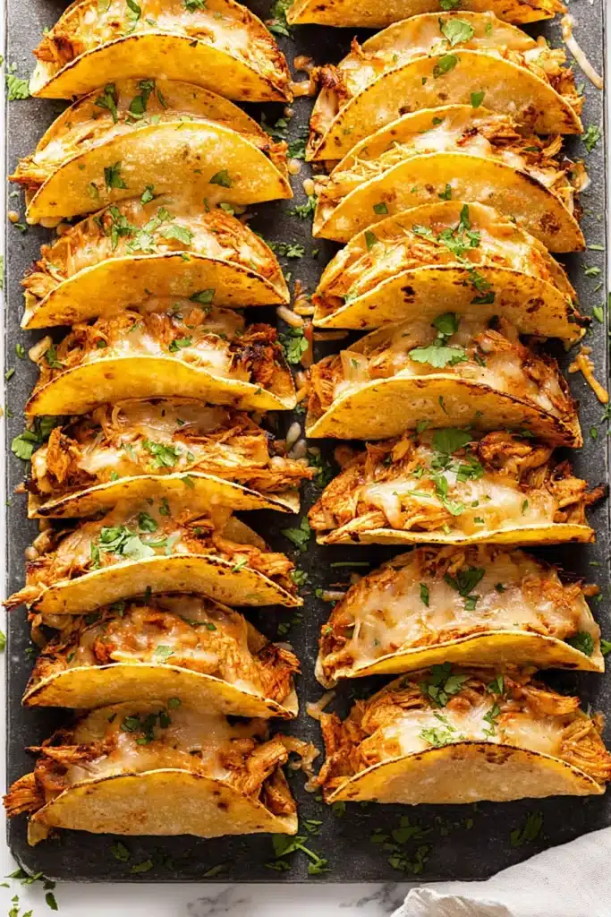 Mini Baked Chicken Tacos with sour cream tomatoes and guacamole