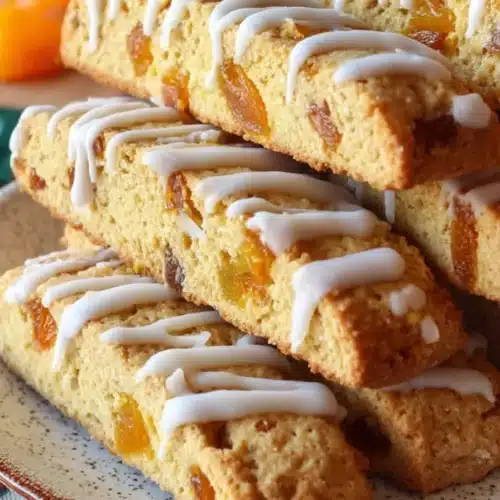 Orange Apricot Biscotti with white glaze showing crisp texture and chewy apricot pieces