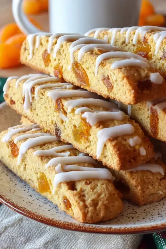 Orange Apricot Biscotti with white glaze showing crisp texture and chewy apricot pieces