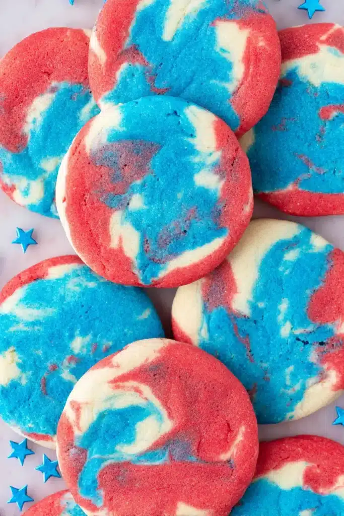 Patriotic Sugar Cookies with red white and blue marbled design close up
