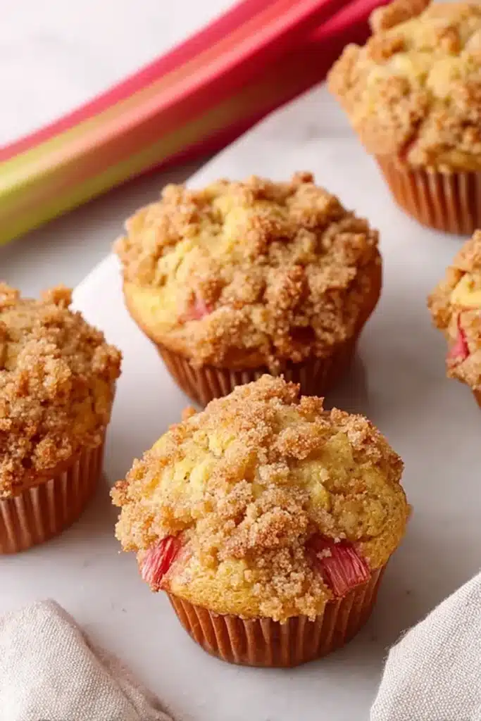 Quick Rhubarb Muffins with visible rhubarb pieces and crumb topping