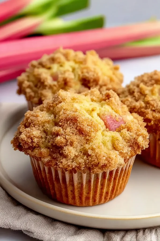 Quick Rhubarb Muffins with crumb topping on plate soft and fluffy