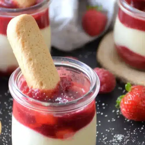 Rhubarb Cheesecake Creams with biscuit dipped into creamy and tangy layered dessert