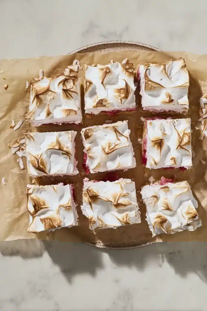 Rhubarb Meringue Dessert bars with fluffy toasted topping and creamy fruit layers