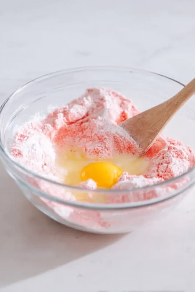 Strawberry Cake Mix Cookies ingredients with eggs and cake mix in bowl