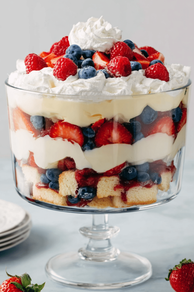 4th of July trifle with strawberries, blueberries, cake, and cream in a glass bowl