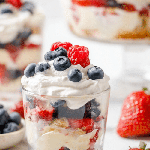4th of July Trifle served in individual cups with berries and cream