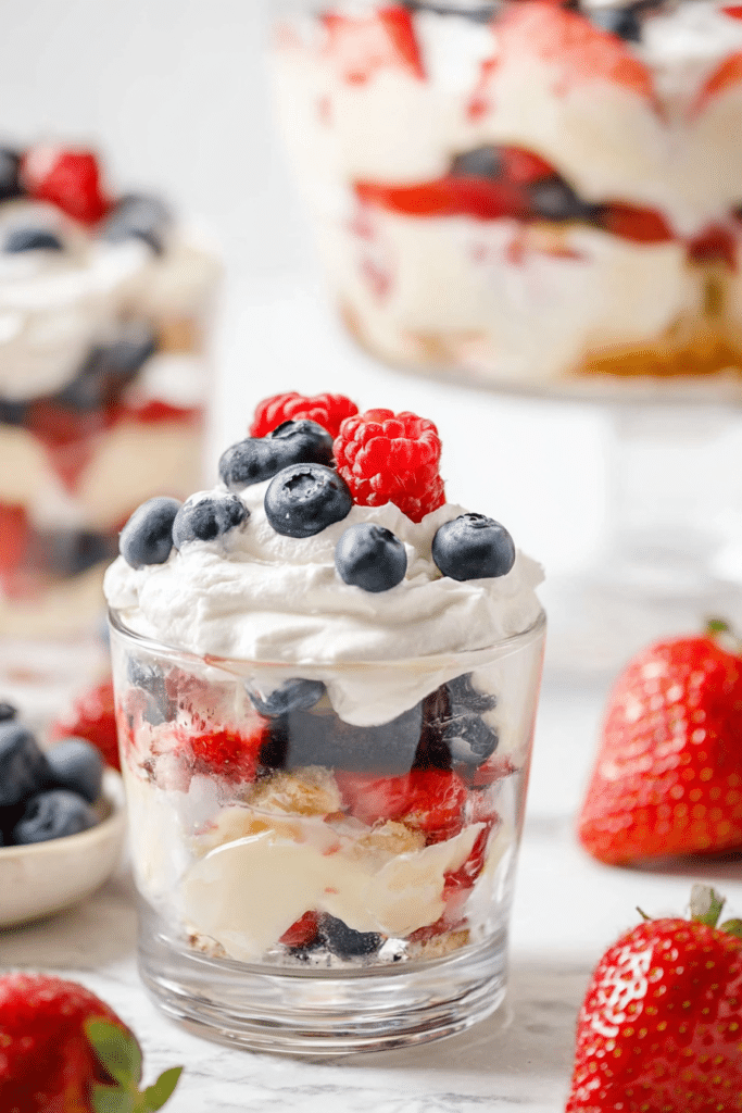 4th of July Trifle served in individual cups with berries and cream