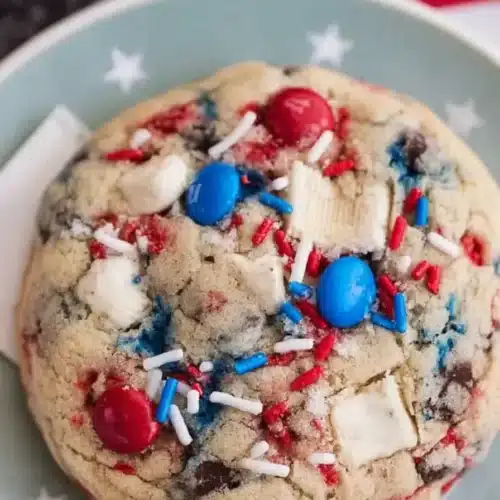 4th of July Cookies Recipe 3 Soft 4th of July Cookies with Oreo chunks, red and blue candy, and festive sprinkles