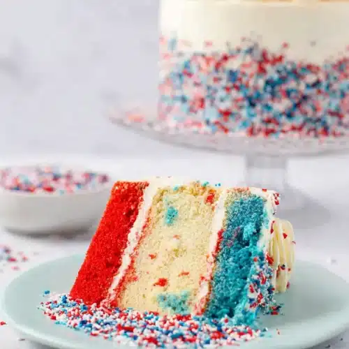 4th Of July layer cake slice with red white and blue layers