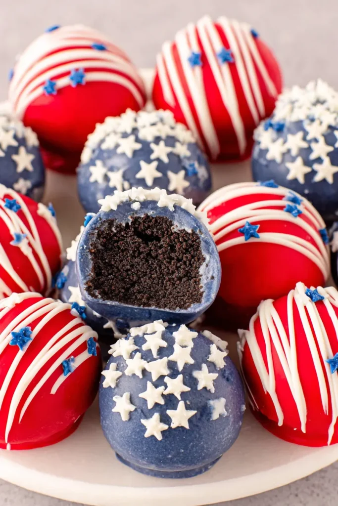 4th Of July Oreo Balls 1 4th Of July Oreo Balls with red coating and blue patriotic sprinkles