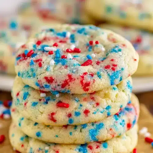 Soft 4th of July Sprinkle Cookies with red white and blue sprinkles