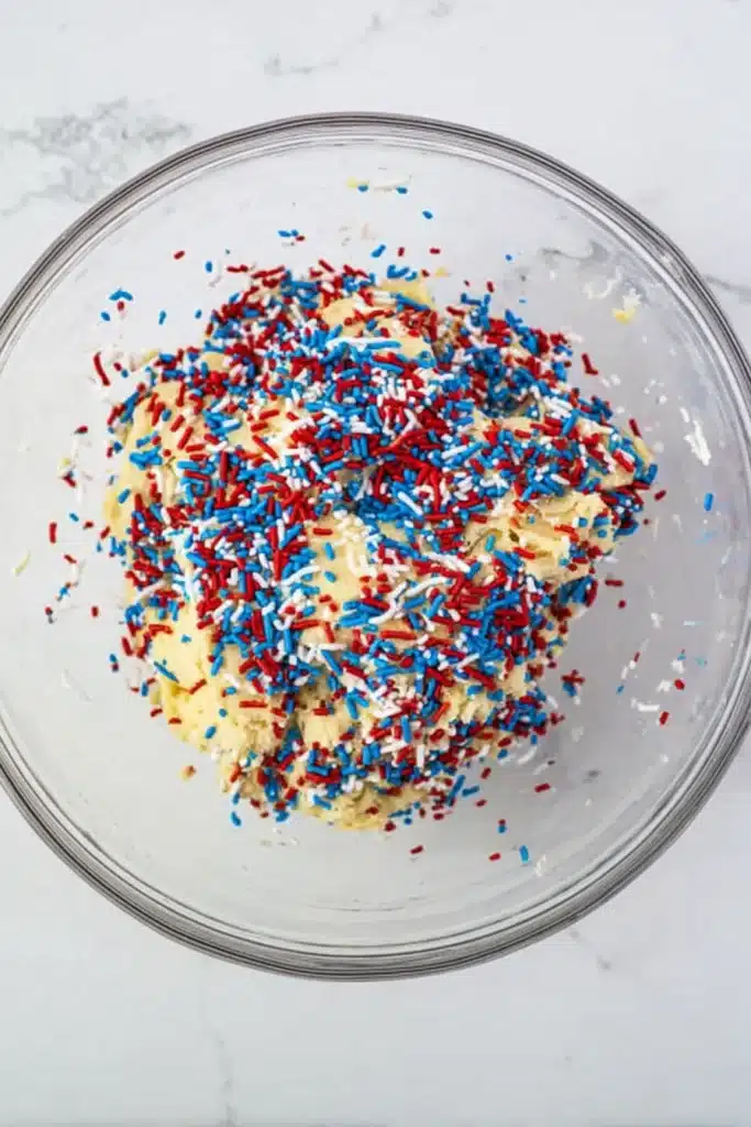4th of July Sprinkle Cookies dough mixed with patriotic sprinkles