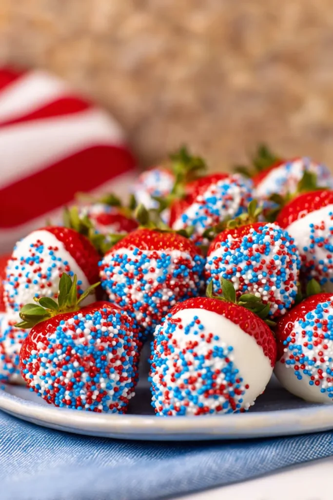 4th of July Strawberries served on a platter with patriotic sprinkles