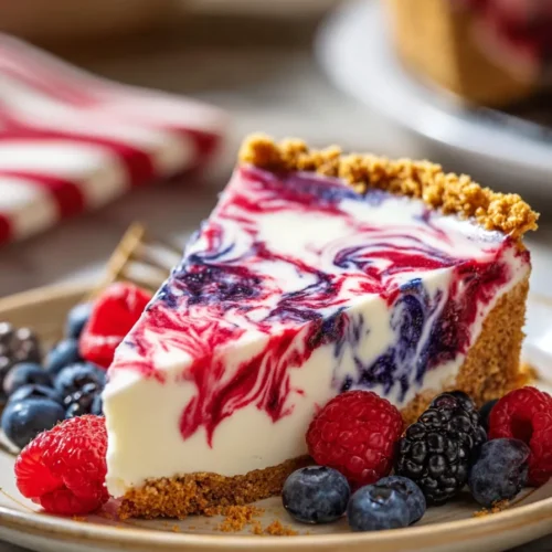 4th of July Swirl Pie slice with red and blue berry swirls and graham crust