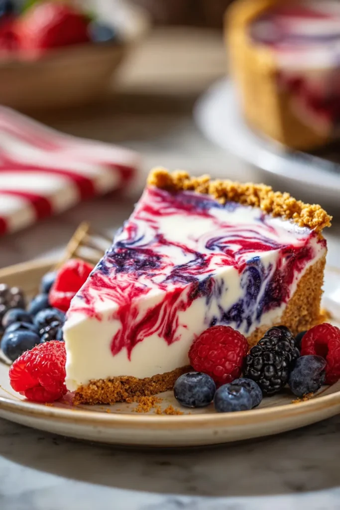 4th of July Swirl Pie slice with red and blue berry swirls and graham crust