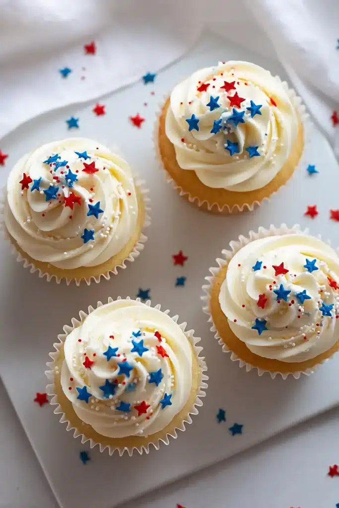 All American Vanilla Cupcakes 2 All American Vanilla Cupcakes with patriotic buttercream and star sprinkles
