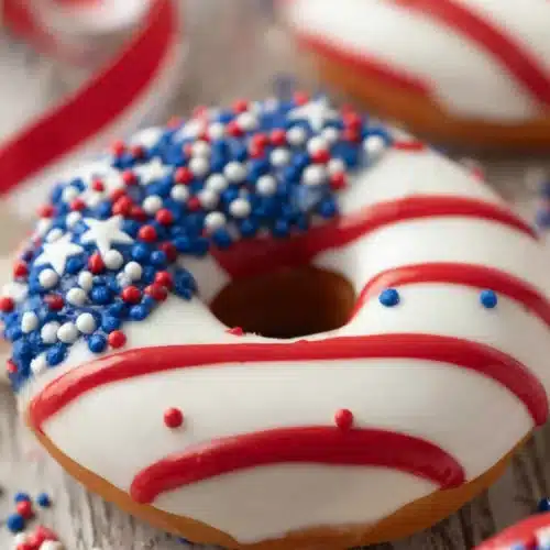 American flag donut with red white and blue icing for 4th of July dessert