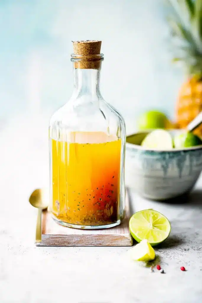 Apple cider vinegar drink with pineapple and lime in a glass bottle