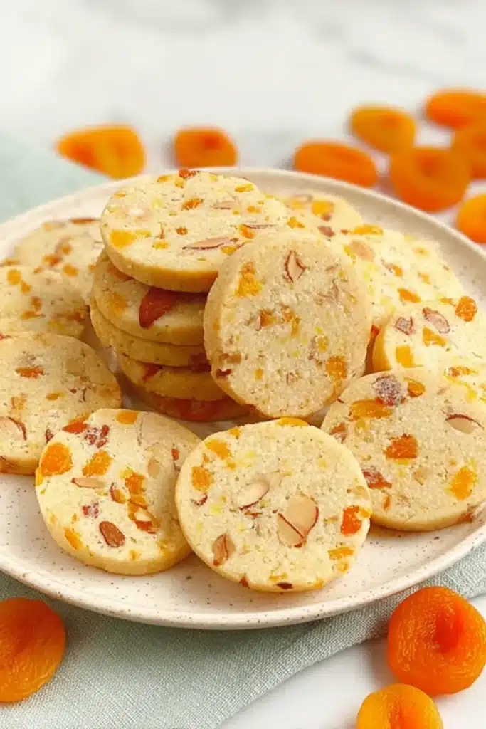 Apricot almond shortbread cookies with dried apricots and almonds